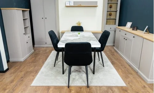 Set Masă Living Extensibilă Blat Ceramic KJT416 Alb-Cappuccino cu 4 Scaune KJC176 Negre