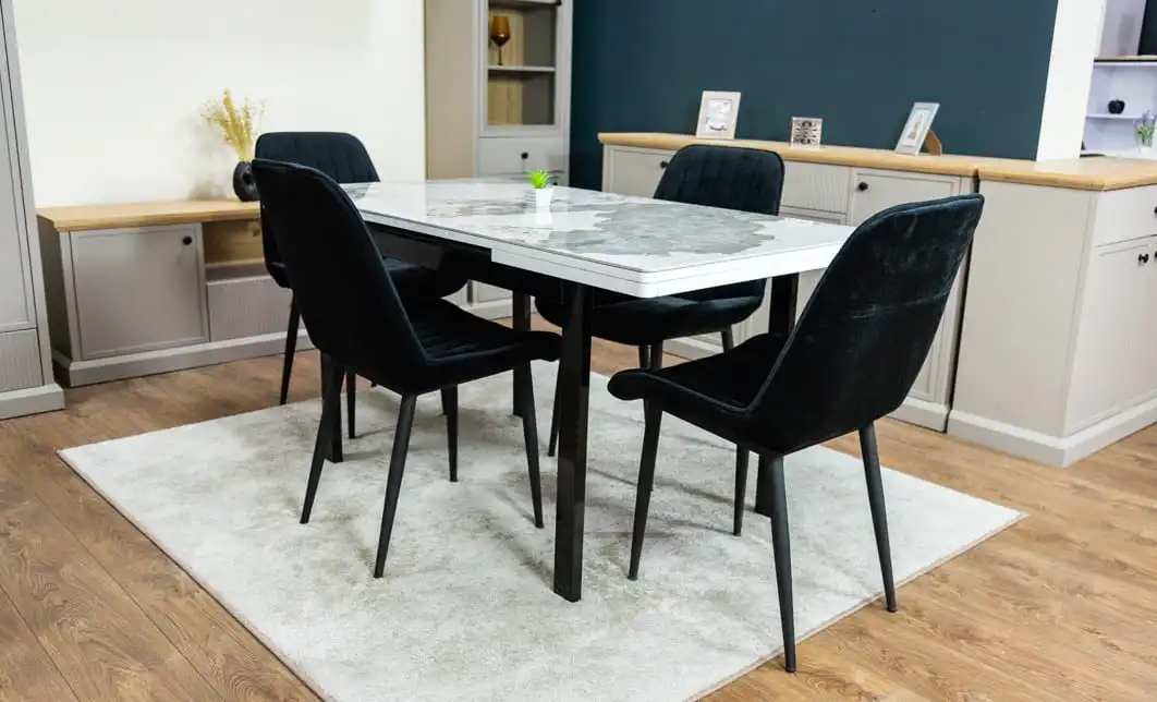 Set Masă Living Extensibilă Blat Ceramic KJT416 Alb-Cappuccino cu 4 Scaune KJC176 Negre 4