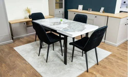 Set Masă Living Extensibilă Blat Ceramic KJT416 Alb-Cappuccino cu 4 Scaune KJC176 Negre