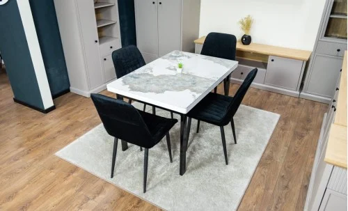 Set Masă Living Extensibilă Blat Ceramic KJT416 Alb-Cappuccino cu 4 Scaune KJC176 Negre