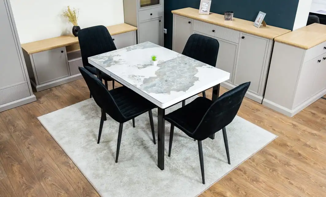 Set Masă Living Extensibilă Blat Ceramic KJT416 Alb-Cappuccino cu 4 Scaune KJC176 Negre 2
