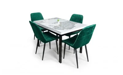 Set Masă Living Extensibilă Blat Ceramic KJT416 Alb-Cappuccino cu 4 Scaune KJC176 Verzi