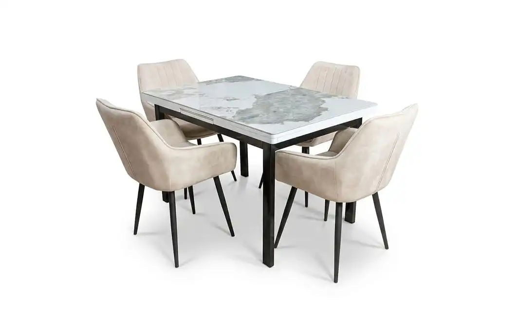 Set Masă Living Extensibilă Blat Ceramic KJT416 Alb-Cappuccino cu 4 Scaune KJC4343 Bej 1