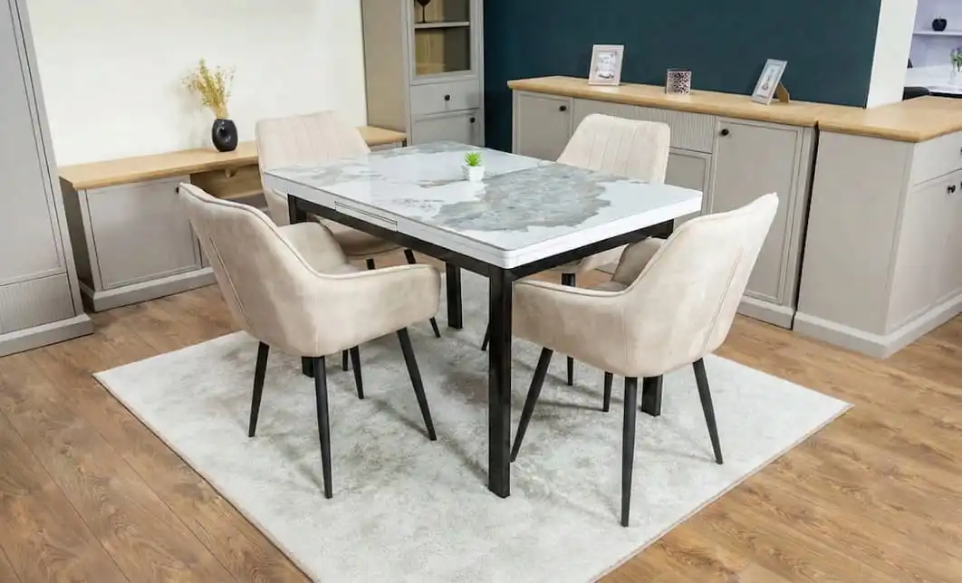 Set Masă Living Extensibilă Blat Ceramic KJT416 Alb-Cappuccino cu 4 Scaune KJC4343 Bej