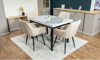 Set Masă Living Extensibilă Blat Ceramic KJT416 Alb-Cappuccino cu 4 Scaune KJC4343 Bej