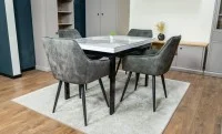 Set Masă Living Extensibilă Blat Ceramic KJT416 Alb-Cappuccino cu 4 Scaune KJC4343 Gri Deschis