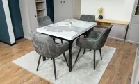 Set Masă Living Extensibilă Blat Ceramic KJT416 Alb-Cappuccino cu 4 Scaune KJC4343 Gri Deschis