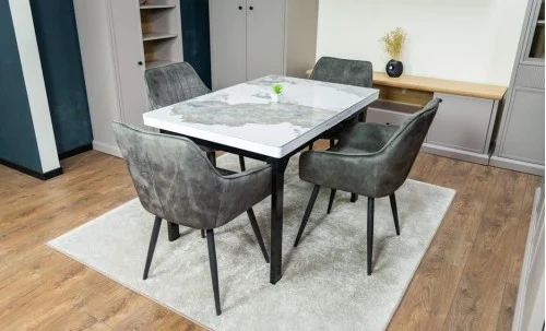 Set Masă Living Extensibilă Blat Ceramic KJT416 Alb-Cappuccino cu 4 Scaune KJC4343 Gri Deschis