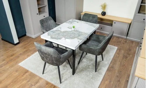 Set Masă Living Extensibilă Blat Ceramic KJT416 Alb-Cappuccino cu 4 Scaune KJC4343 Gri Deschis