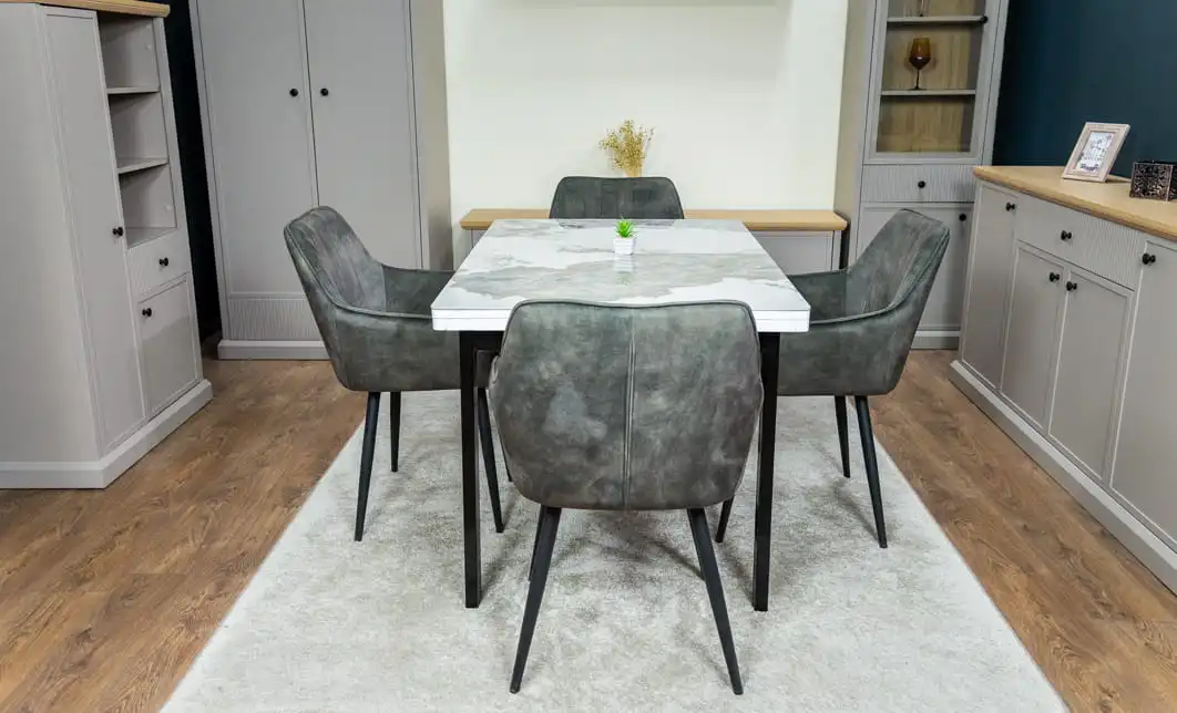 Set Masă Living Extensibilă Blat Ceramic KJT416 Alb-Cappuccino cu 4 Scaune KJC4343 Gri Deschis 6