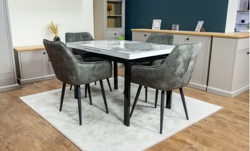 Set Masă Living Extensibilă Blat Ceramic KJT416 Alb-Cappuccino cu 4 Scaune KJC4343 Gri Deschis