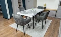 Set Masă Living Extensibilă Blat Ceramic KJT416 Alb-Cappuccino cu 4 Scaune KJC4343 Gri Deschis