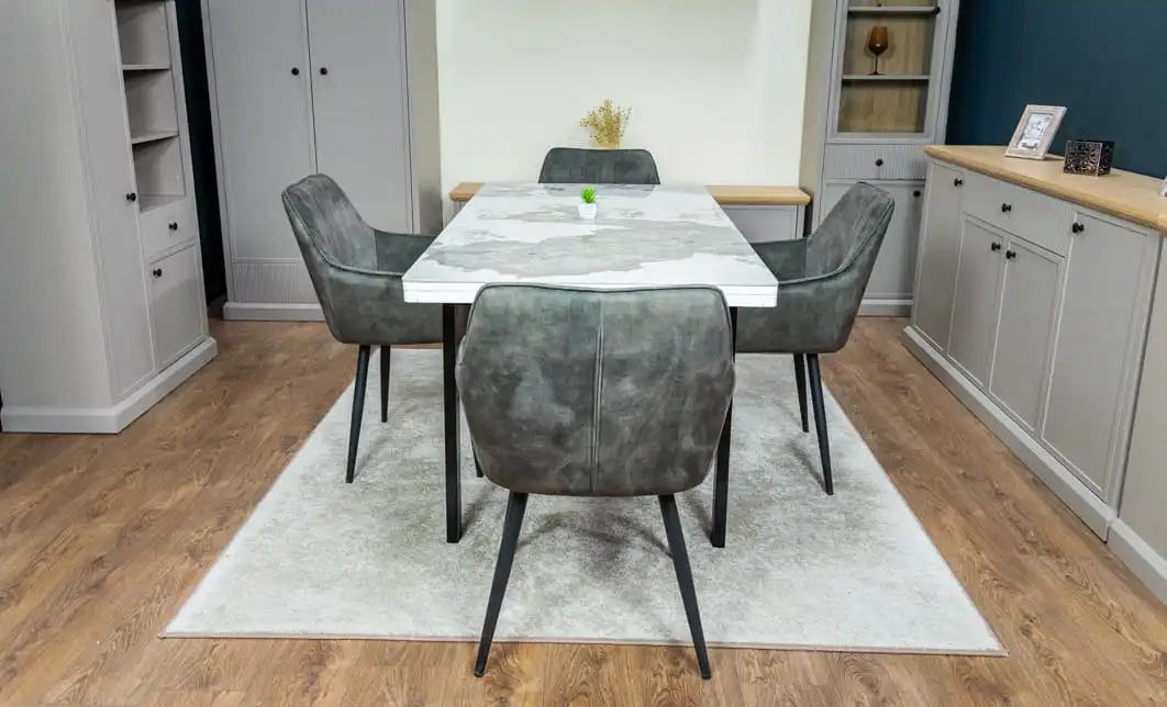 Set Masă Living Extensibilă Blat Ceramic KJT416 Alb-Cappuccino cu 4 Scaune KJC4343 Gri Deschis 8