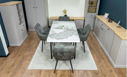 Set Masă Living Extensibilă Blat Ceramic KJT416 Alb-Cappuccino cu 4 Scaune KJC4343 Gri Deschis