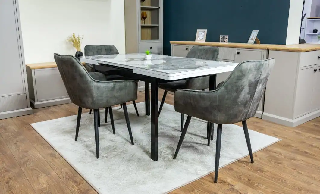 Set Masă Living Extensibilă Blat Ceramic KJT416 Alb-Cappuccino cu 4 Scaune KJC4343 Gri Deschis 4