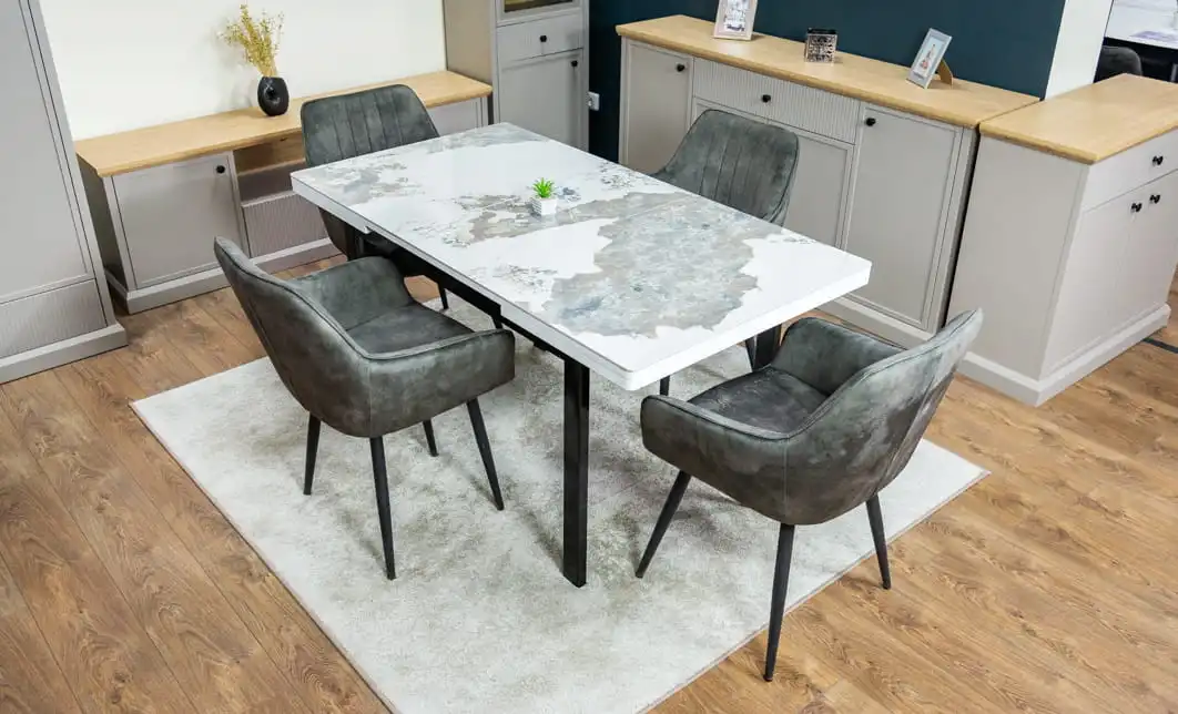 Set Masă Living Extensibilă Blat Ceramic KJT416 Alb-Cappuccino cu 4 Scaune KJC4343 Gri Deschis 2