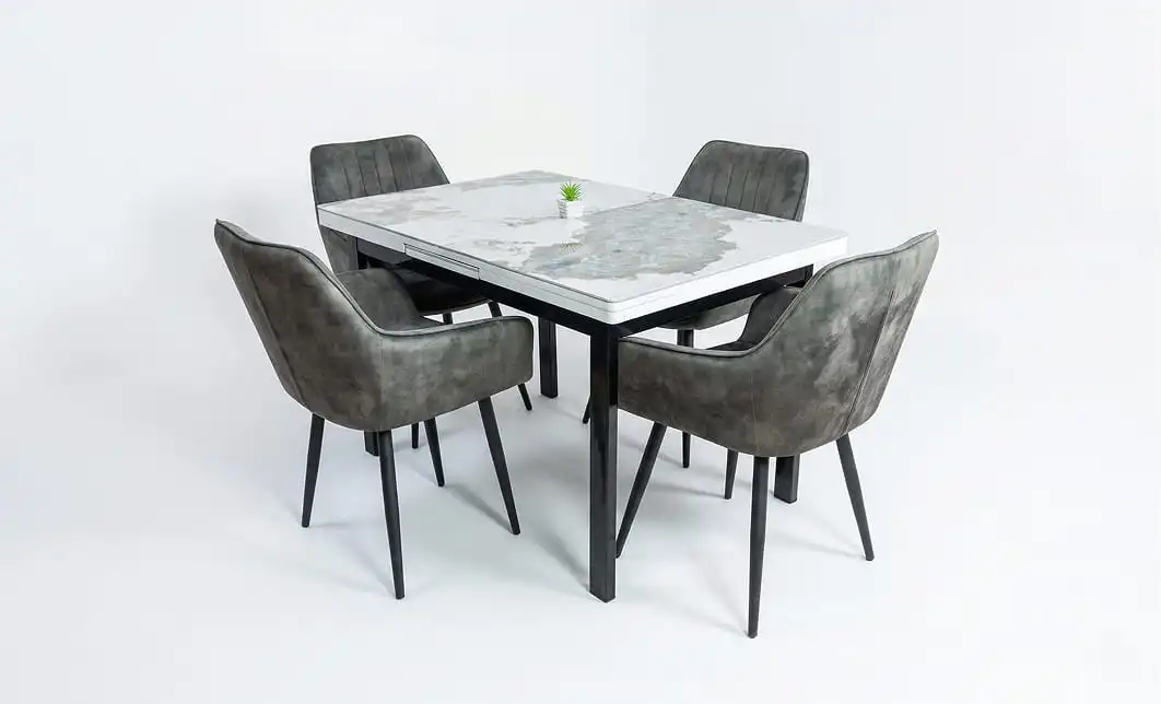 Set Masă Living Extensibilă Blat Ceramic KJT416 Alb-Cappuccino cu 4 Scaune KJC4343 Gri Deschis 1