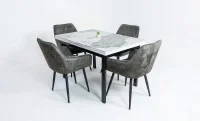 Set Masă Living Extensibilă Blat Ceramic KJT416 Alb-Cappuccino cu 4 Scaune KJC4343 Gri Deschis