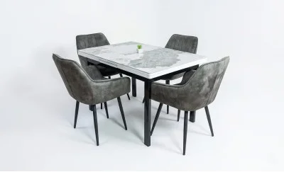 Set Masă Living Extensibilă Blat Ceramic KJT416 Alb-Cappuccino cu 4 Scaune KJC4343 Gri Deschis