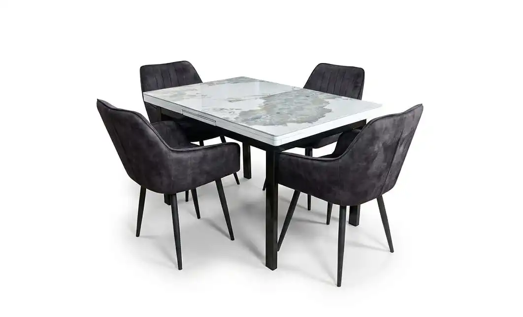 Set Masă Living Extensibilă Blat Ceramic KJT416 Alb-Cappuccino cu 4 Scaune KJC4343 Gri Închis 1