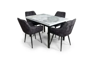 Set Masă Living Extensibilă Blat Ceramic KJT416 Alb-Cappuccino cu 4 Scaune KJC4343 Gri Închis