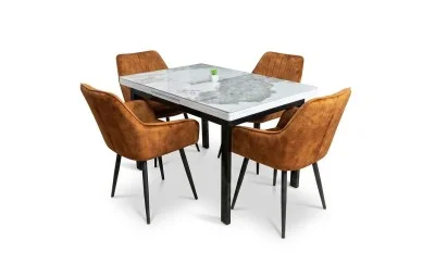 Set Masă Living Extensibilă Blat Ceramic KJT416 Alb-Cappuccino cu 4 Scaune KJC4343 Portocalii
