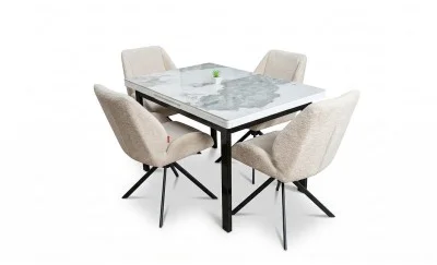 Set Masă Living Extensibilă Blat Ceramic KJT416 Alb-Cappuccino cu 4 Scaune KJC4347 Bej