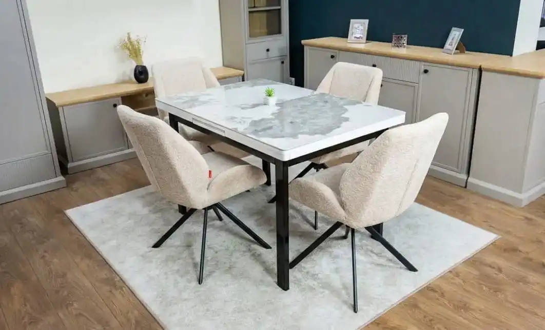 Set Masă Living Extensibilă Blat Ceramic KJT416 Alb-Cappuccino cu 4 Scaune KJC4347 Bej