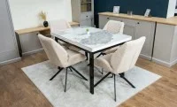 Set Masă Living Extensibilă Blat Ceramic KJT416 Alb-Cappuccino cu 4 Scaune KJC4347 Bej