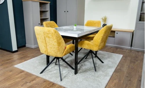 Set Masă Living Extensibilă Blat Ceramic KJT416 Alb-Cappuccino cu 4 Scaune KJC4347 Galbene