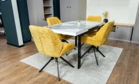 Set Masă Living Extensibilă Blat Ceramic KJT416 Alb-Cappuccino cu 4 Scaune KJC4347 Galbene
