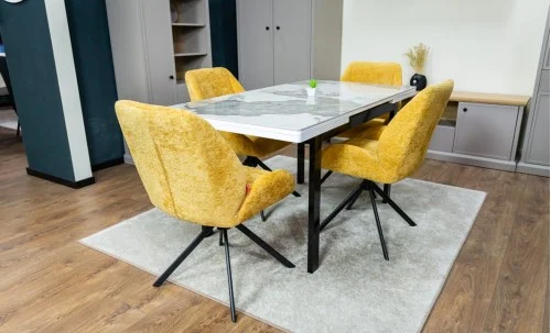 Set Masă Living Extensibilă Blat Ceramic KJT416 Alb-Cappuccino cu 4 Scaune KJC4347 Galbene