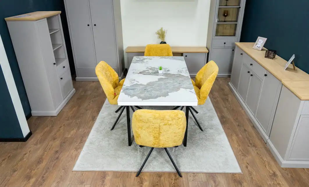 Set Masă Living Extensibilă Blat Ceramic KJT416 Alb-Cappuccino cu 4 Scaune KJC4347 Galbene 7