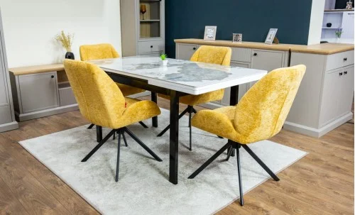 Set Masă Living Extensibilă Blat Ceramic KJT416 Alb-Cappuccino cu 4 Scaune KJC4347 Galbene