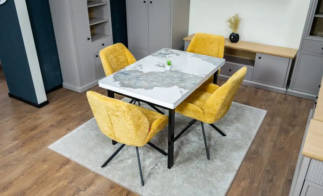 Set Masă Living Extensibilă Blat Ceramic KJT416 Alb-Cappuccino cu 4 Scaune KJC4347 Galbene