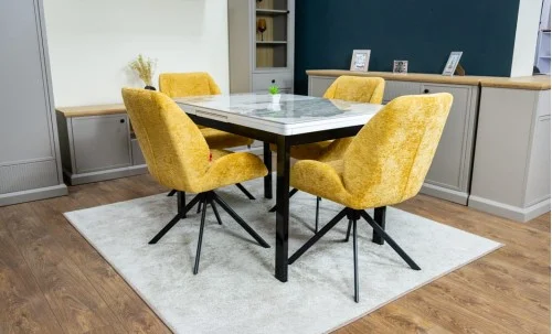 Set Masă Living Extensibilă Blat Ceramic KJT416 Alb-Cappuccino cu 4 Scaune KJC4347 Galbene