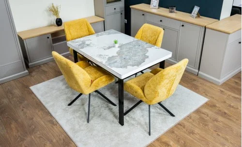 Set Masă Living Extensibilă Blat Ceramic KJT416 Alb-Cappuccino cu 4 Scaune KJC4347 Galbene