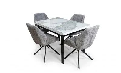 Set Masă Living Extensibilă Blat Ceramic KJT416 Alb-Cappuccino cu 4 Scaune KJC4347 Gri