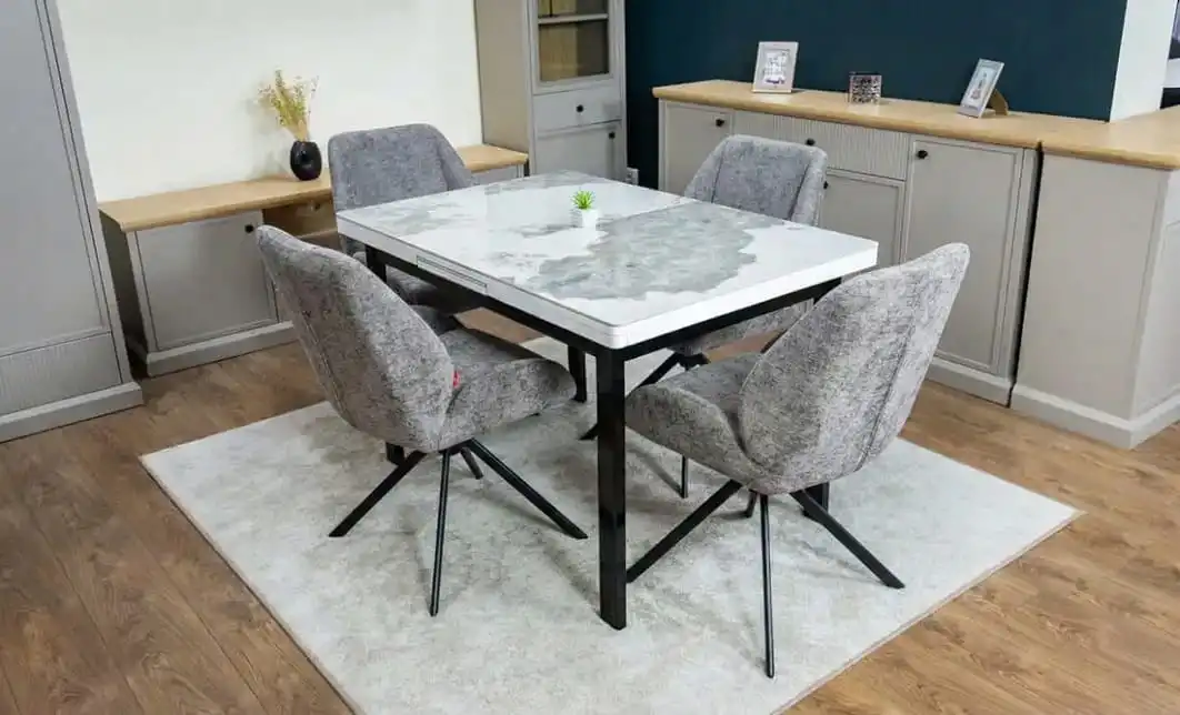 Set Masă Living Extensibilă Blat Ceramic KJT416 Alb-Cappuccino cu 4 Scaune KJC4347 Gri