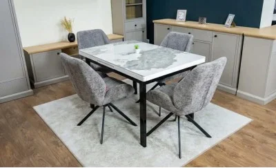 Set Masă Living Extensibilă Blat Ceramic KJT416 Alb-Cappuccino cu 4 Scaune KJC4347 Gri