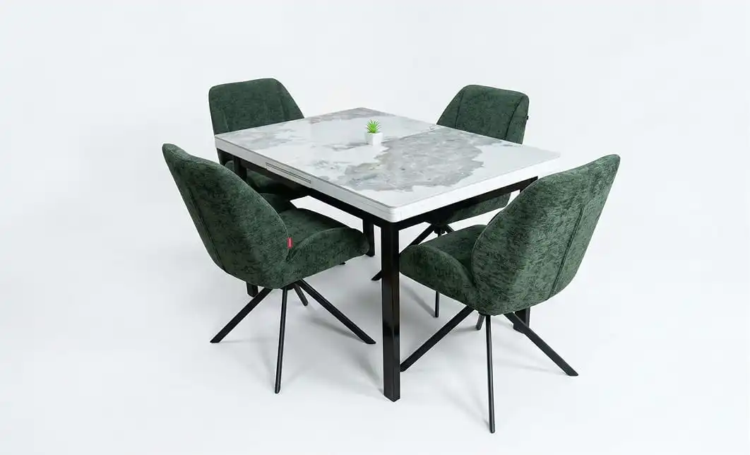 Set Masă Living Extensibilă Blat Ceramic KJT416 Alb-Cappuccino cu 4 Scaune KJC4347 Verzi 1
