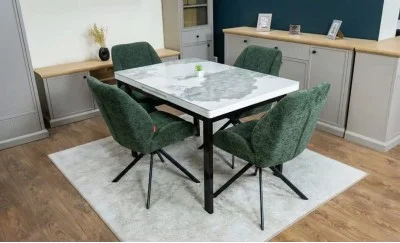 Set Masă Living Extensibilă Blat Ceramic KJT416 Alb-Cappuccino cu 4 Scaune KJC4347 Verzi