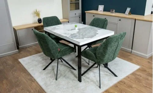 Set Masă Living Extensibilă Blat Ceramic KJT416 Alb-Cappuccino cu 4 Scaune KJC4347 Verzi