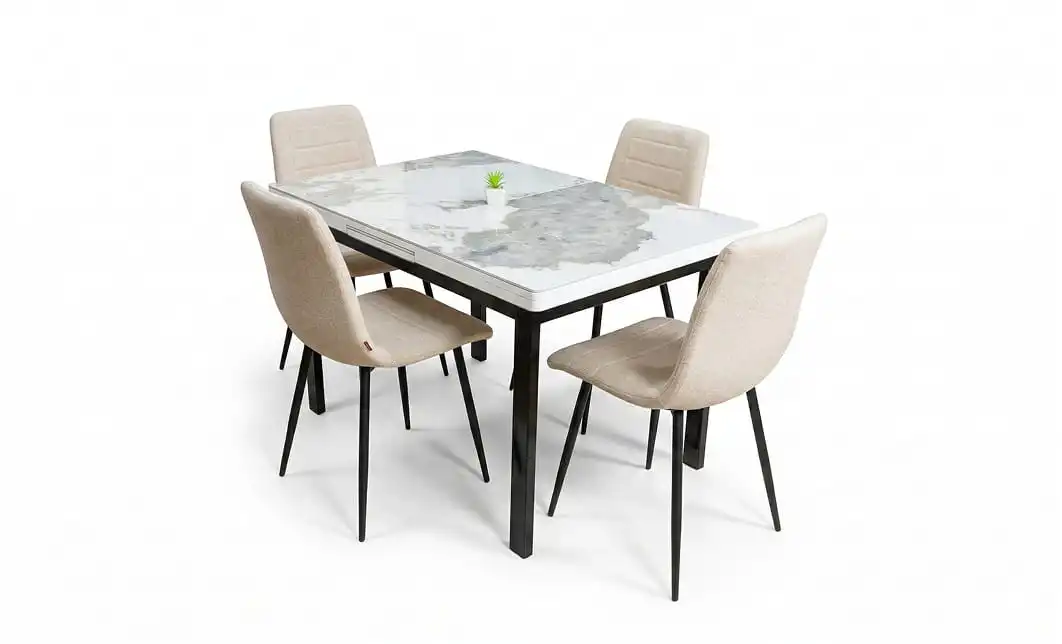 Set Masă Living Extensibilă Blat Ceramic KJD416 Alb-Cappuccino cu 4 Scaune KJC5341 Bej 1