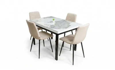 Set Masă Living Extensibilă Blat Ceramic KJD416 Alb-Cappuccino cu 4 Scaune KJC5341 Bej
