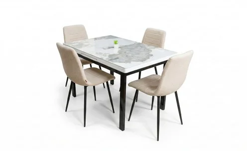 Set Masă Living Extensibilă Blat Ceramic KJD416 Alb-Cappuccino cu 4 Scaune KJC5341 Bej