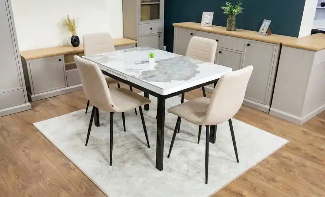 Set Masă Living Extensibilă Blat Ceramic KJD416 Alb-Cappuccino cu 4 Scaune KJC5341 Bej