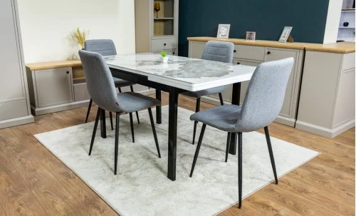 Set Masă Living Extensibilă Blat Ceramic KJD416 Alb-Cappuccino cu 4 Scaune KJC5341 Gri