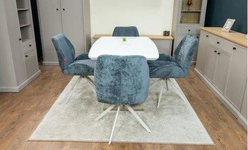 Set Masă Living Extensibilă KJT380 Blat Lucios Alb cu 4 Scaune Rotative DCM0104CS Gri