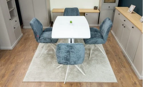 Set Masă Living Extensibilă KJT380 Blat Lucios Alb cu 4 Scaune Rotative DCM0104CS Gri